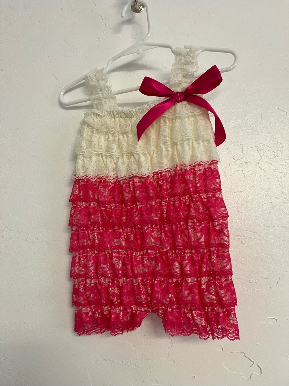 Ivory and Hot Pink Lace Ruffle Romper with Bow
